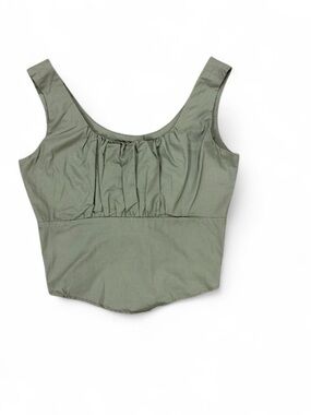 Sage Green Ruched Cottage Corset Crop Top Open Back Tie 100% Cotton Size S